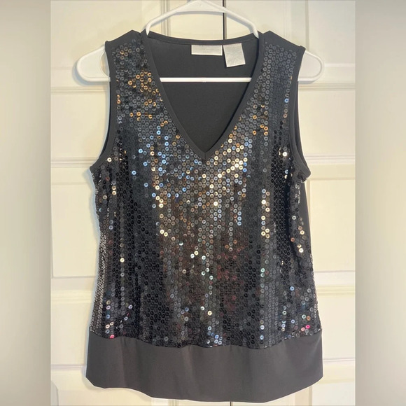 WORTHINGTON Black Sequins Front Sleeveless V-Neck Tank Style TOP, Size M Petite - Picture 1 of 6